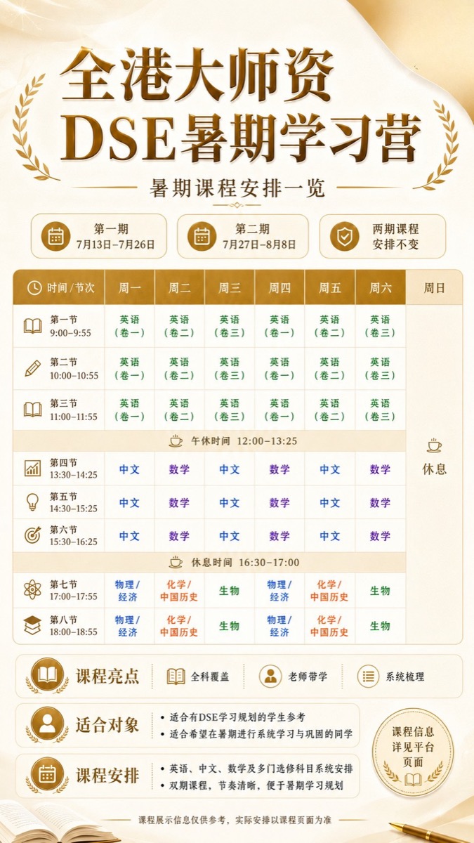 全港大师资 DSE 暑期学习营课程安排一览(两期)