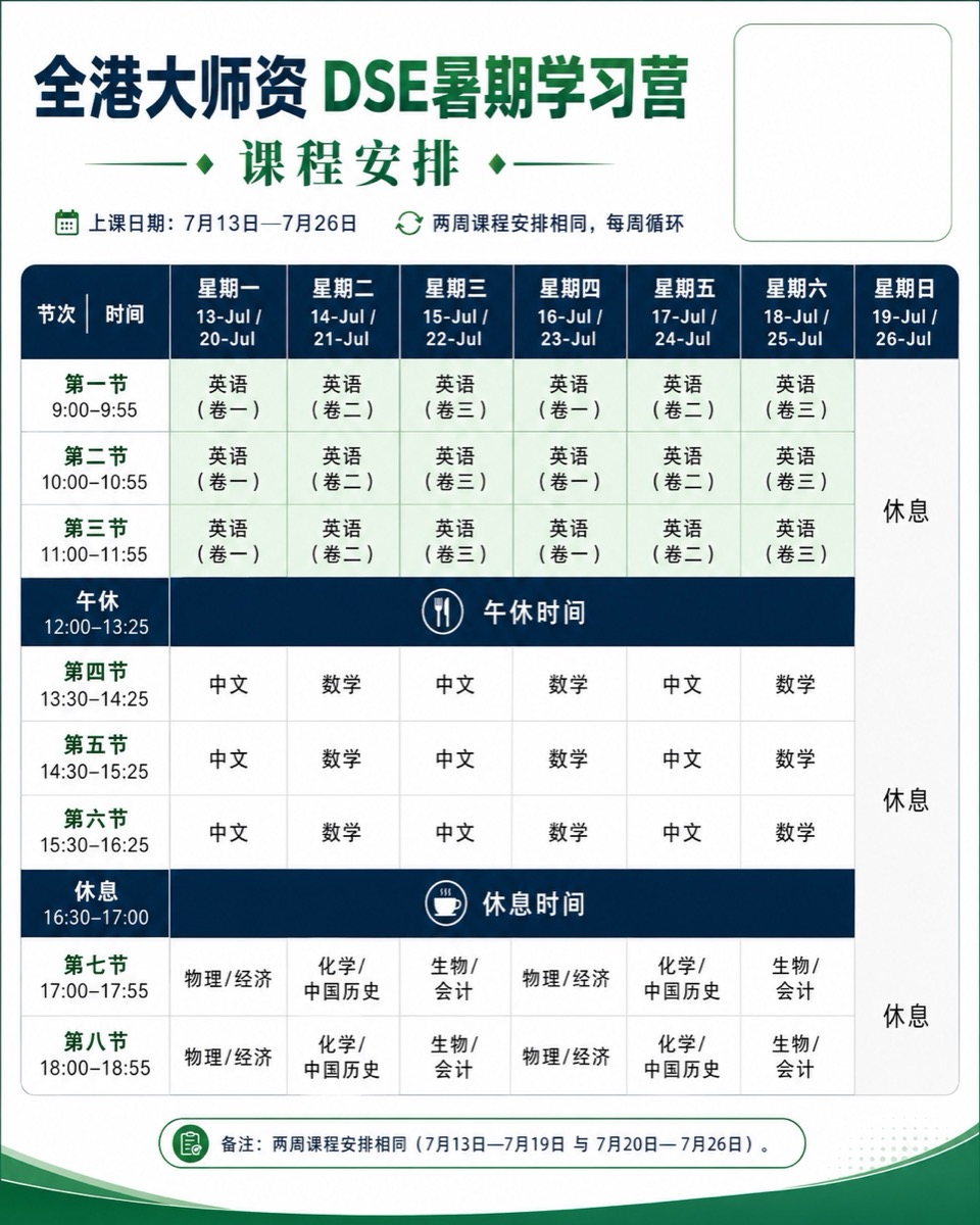 暑期学习营每周课程安排(两周循环)
